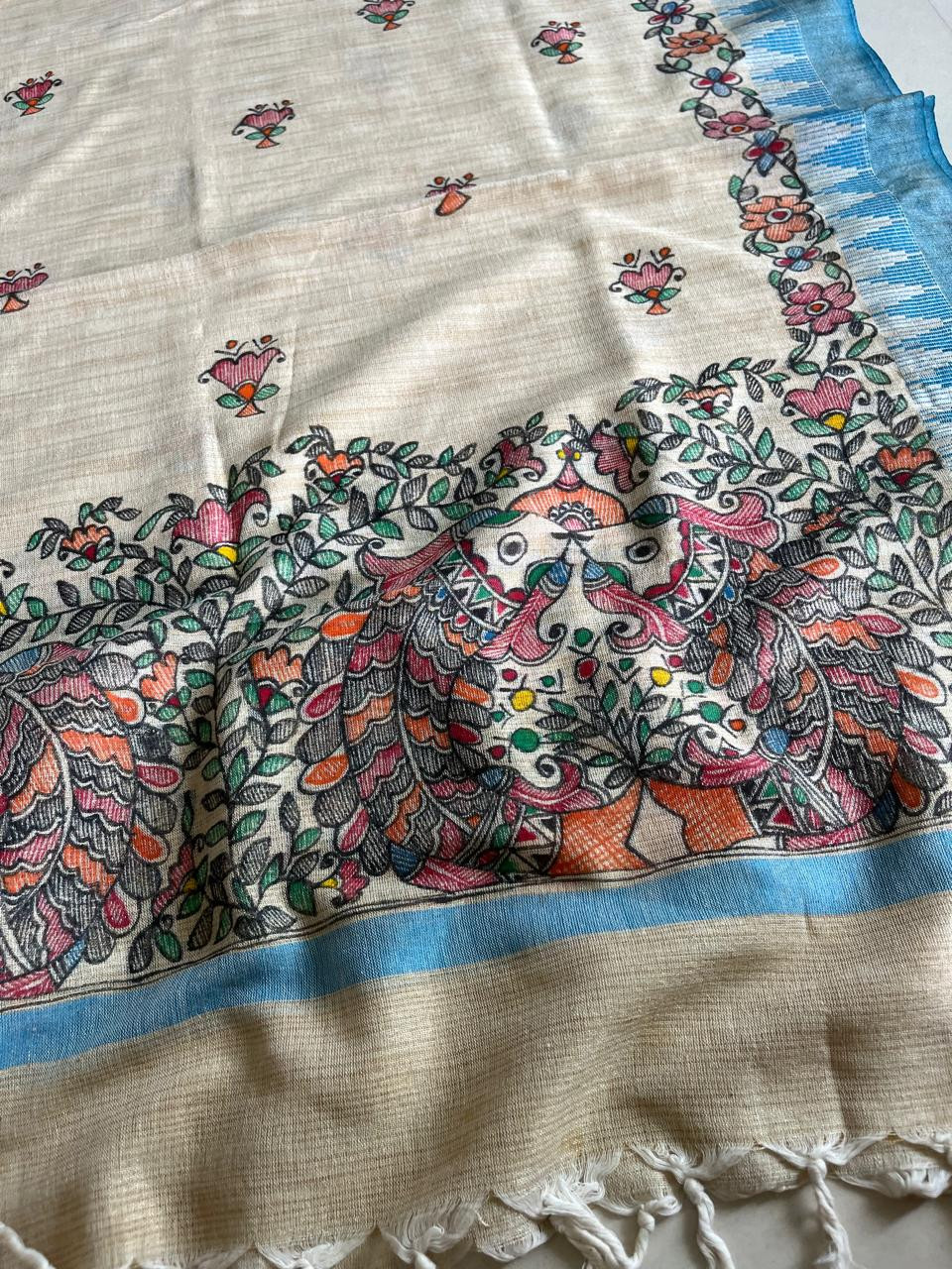 Exclusive Pure Cotton Silk Madhubani Handpainted dupatta - Beige with Blue