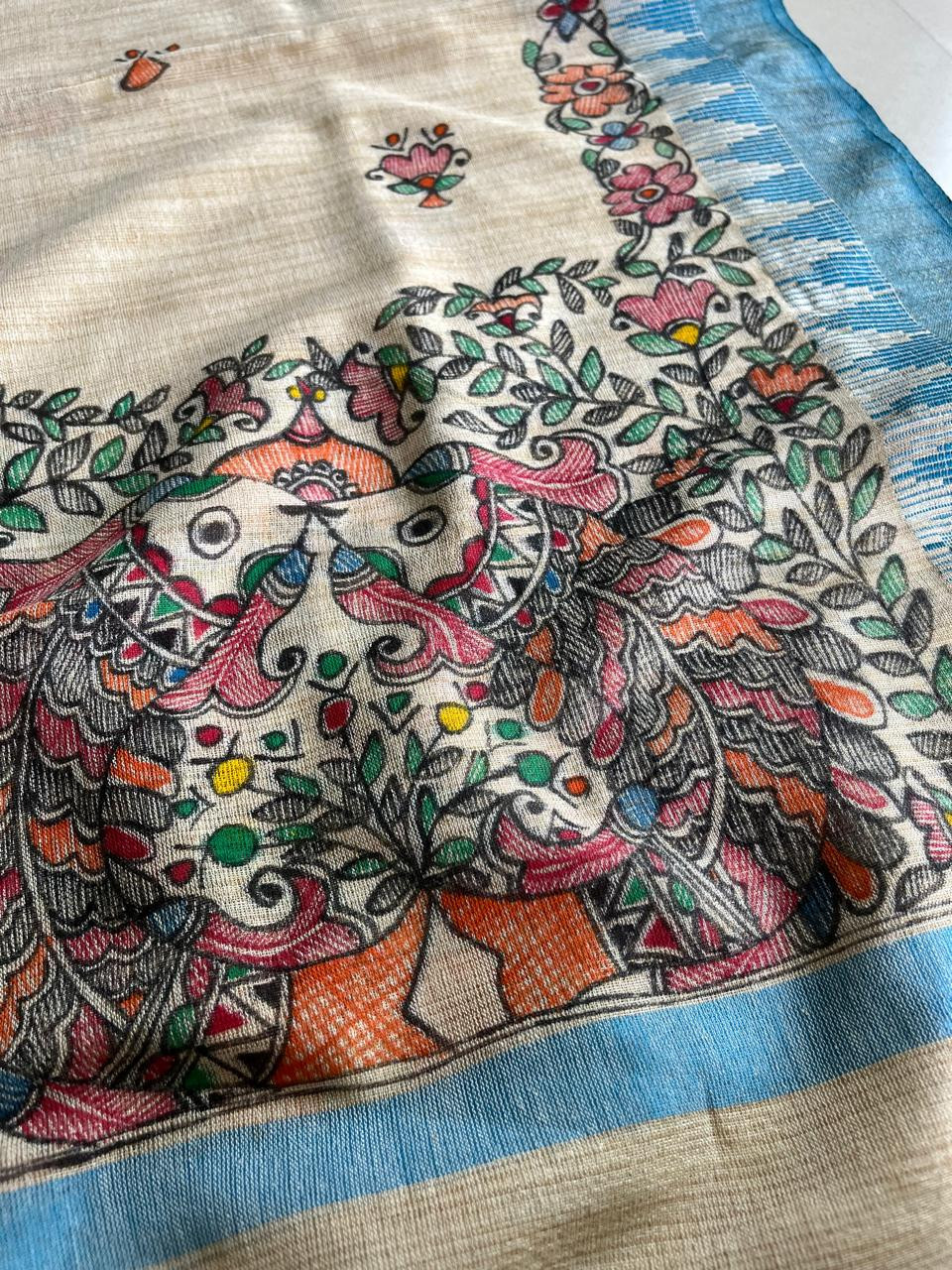 Exclusive Pure Cotton Silk Madhubani Handpainted dupatta - Beige with Blue