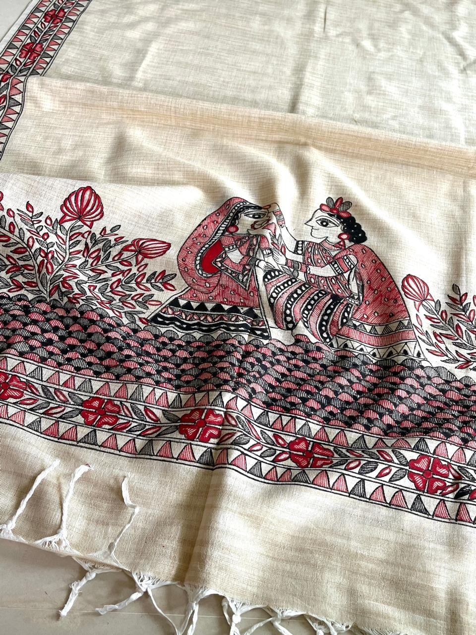 Exclusive Pure Cotton Silk Madhubani Handpainted dupatta - Beige