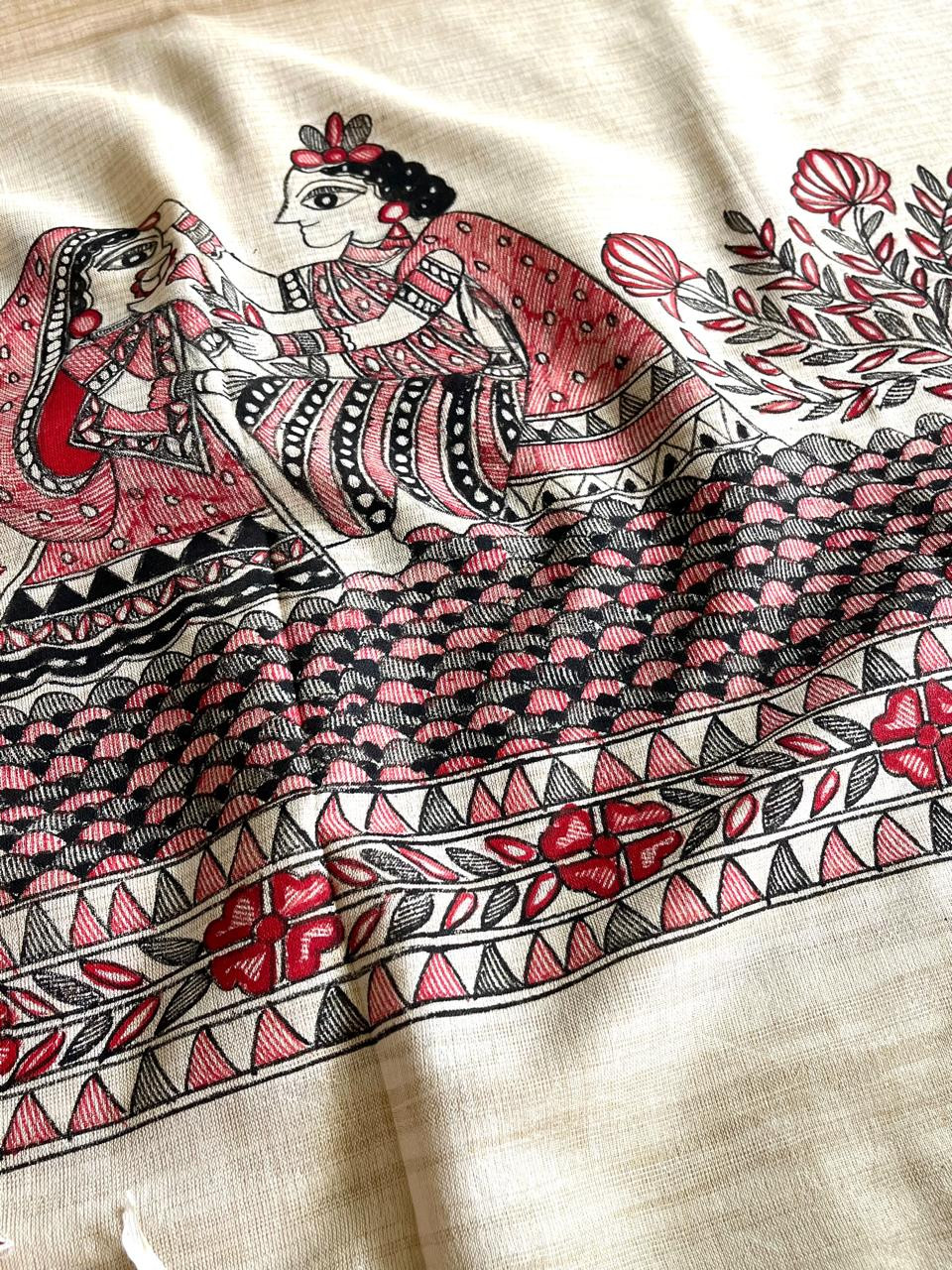 Exclusive Pure Cotton Silk Madhubani Handpainted dupatta - Beige