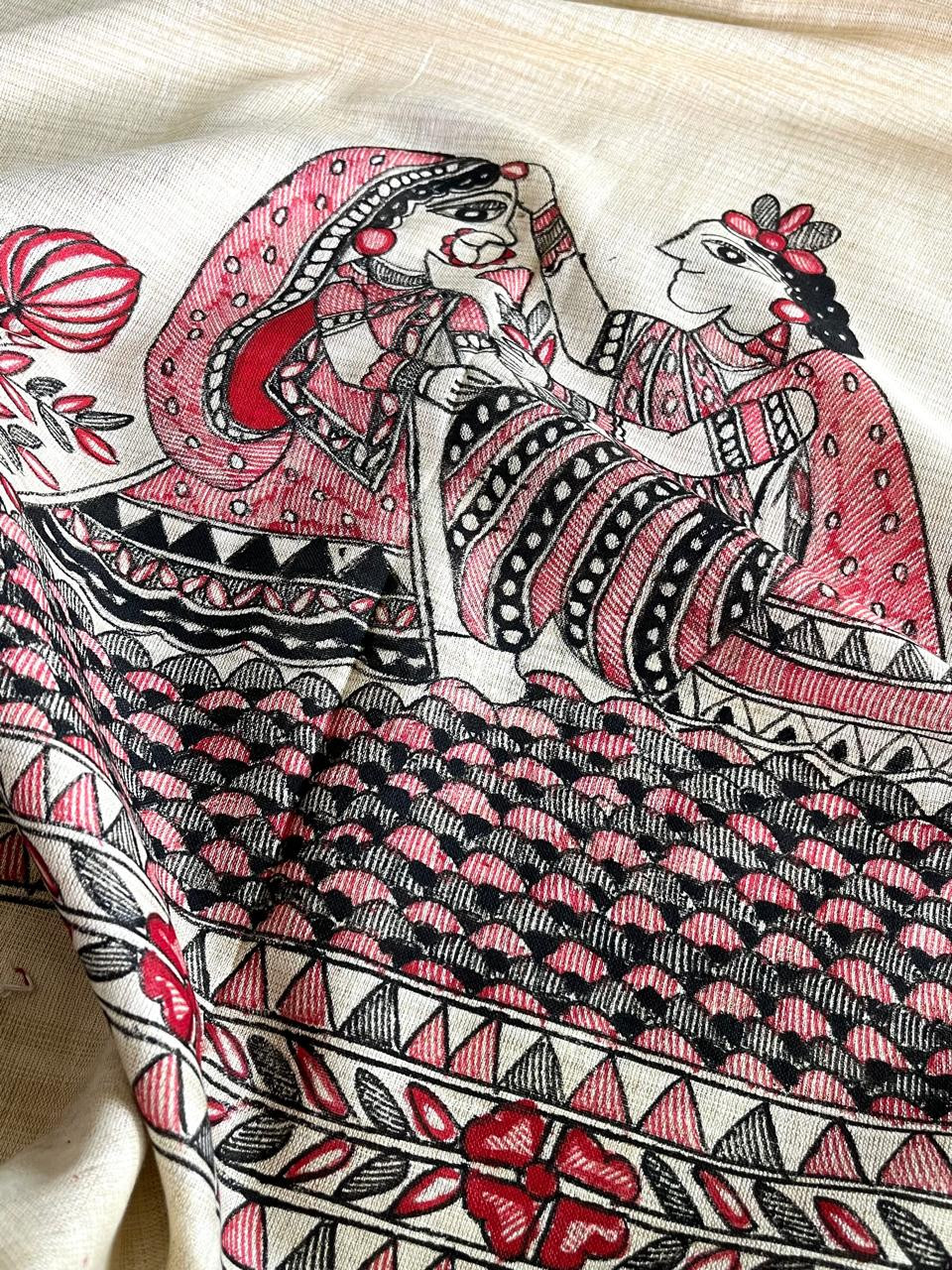 Exclusive Pure Cotton Silk Madhubani Handpainted dupatta - Beige