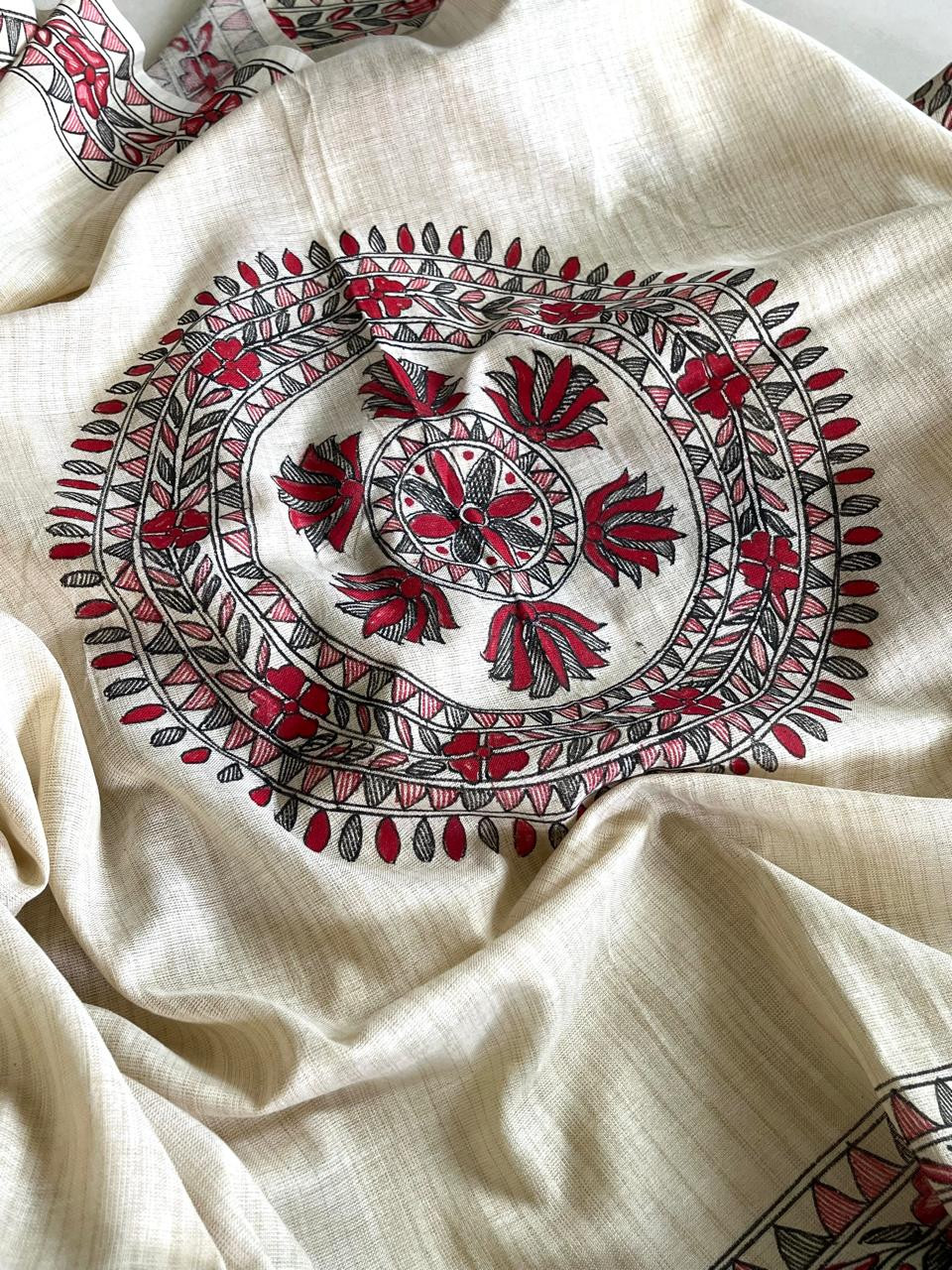 Exclusive Pure Cotton Silk Madhubani Handpainted dupatta - Beige