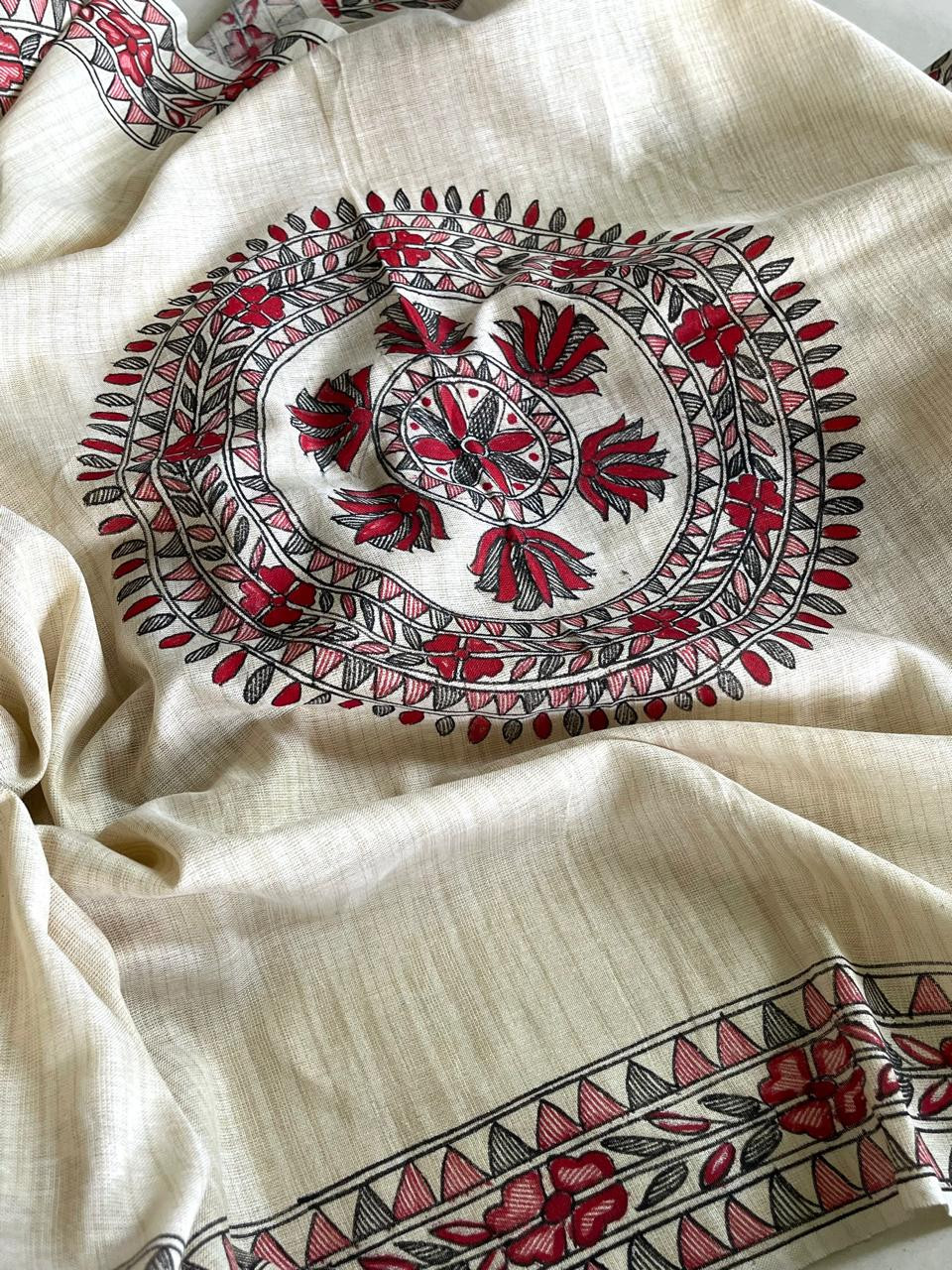 Exclusive Pure Cotton Silk Madhubani Handpainted dupatta - Beige