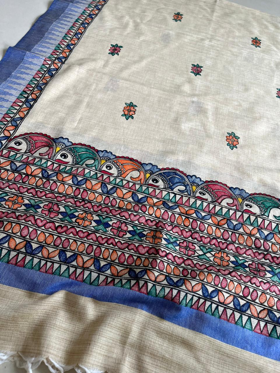Exclusive Pure Cotton Silk Madhubani Handpainted dupatta - Beige with Blue