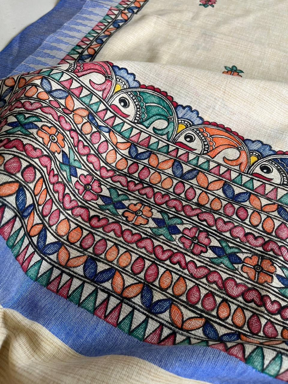 Exclusive Pure Cotton Silk Madhubani Handpainted dupatta - Beige with Blue