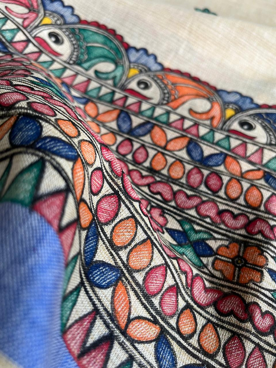 Exclusive Pure Cotton Silk Madhubani Handpainted dupatta - Beige with Blue