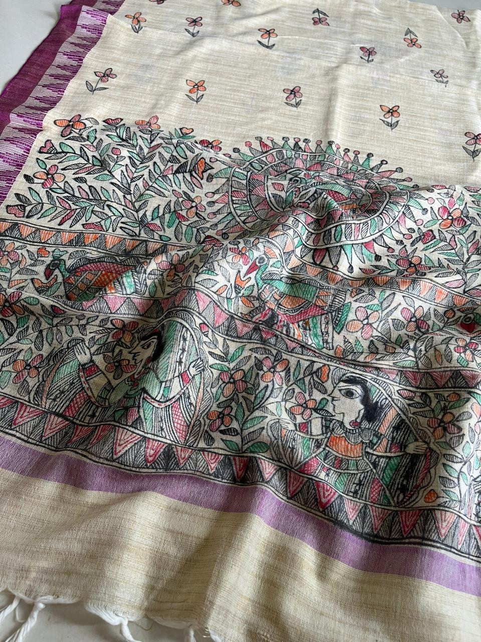 Exclusive Pure Cotton Silk Madhubani Handpainted dupatta - Beige with Purple