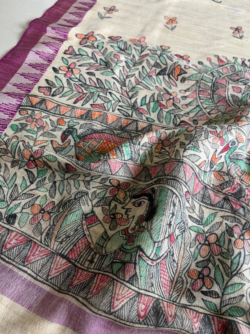 Exclusive Pure Cotton Silk Madhubani Handpainted dupatta - Beige with Purple