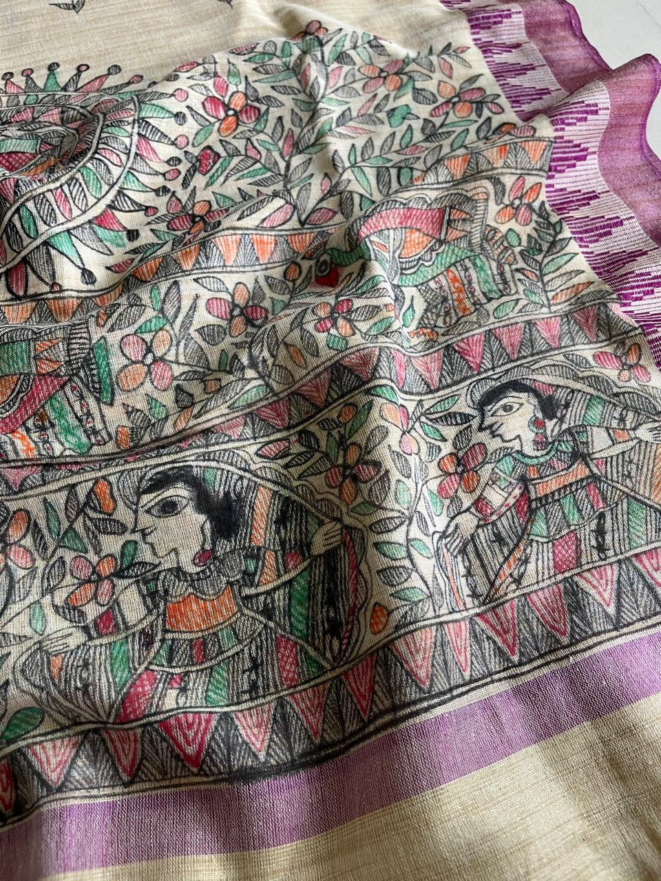 Exclusive Pure Cotton Silk Madhubani Handpainted dupatta - Beige with Purple