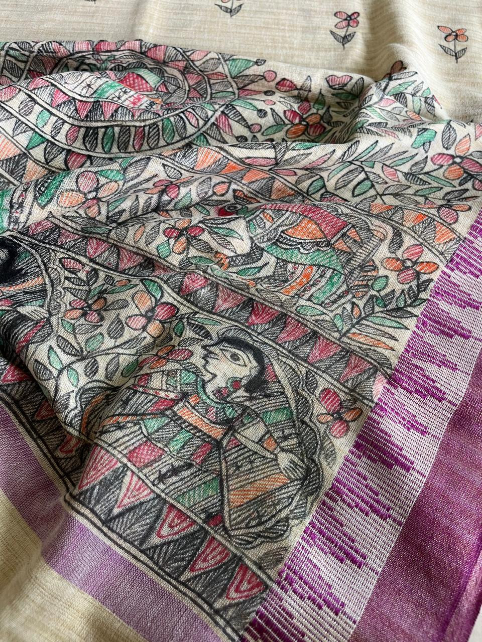 Exclusive Pure Cotton Silk Madhubani Handpainted dupatta - Beige with Purple