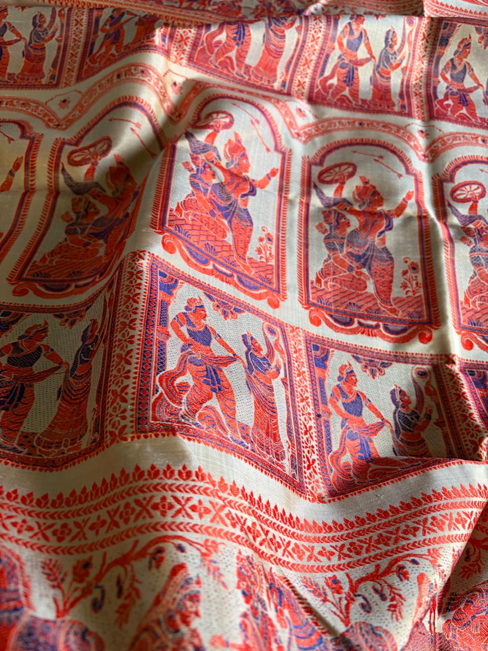 Handloom Baluchari Silk Saree Ivory with Orange Royal Blue Woven Motifs