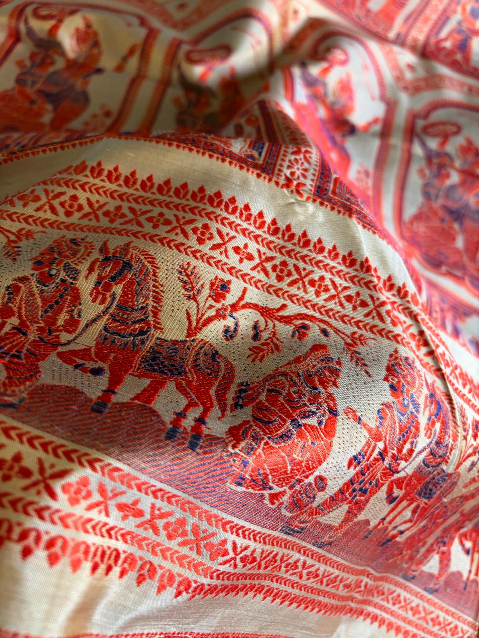 Handloom Baluchari Silk Saree Ivory with Orange Royal Blue Woven Motifs