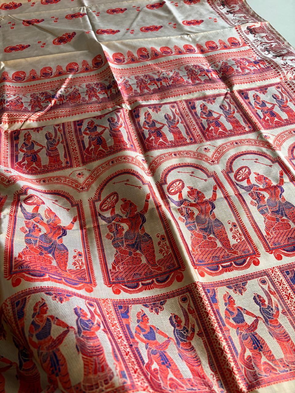 Handloom Baluchari Silk Saree Ivory with Orange Royal Blue Woven Motifs