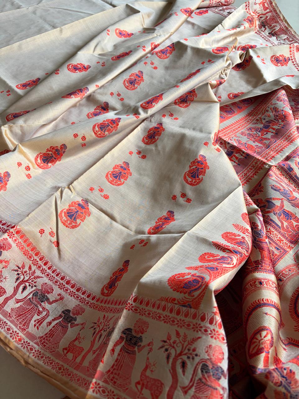 Handloom Baluchari Silk Saree Ivory with Orange Royal Blue Woven Motifs