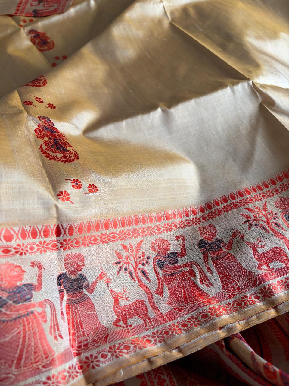 Handloom Baluchari Silk Saree Ivory with Orange Royal Blue Woven Motifs
