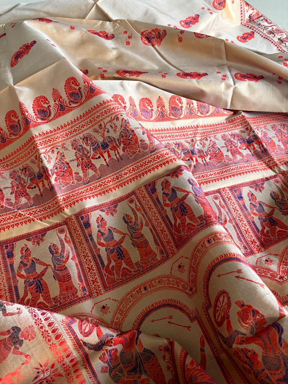 Handloom Baluchari Silk Saree Ivory with Orange Royal Blue Woven Motifs