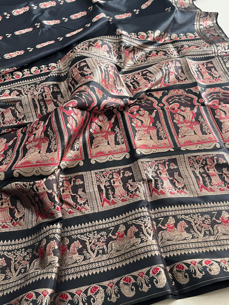 Image of Exquisite Handwoven Pure Silk Baluchari saree - Black