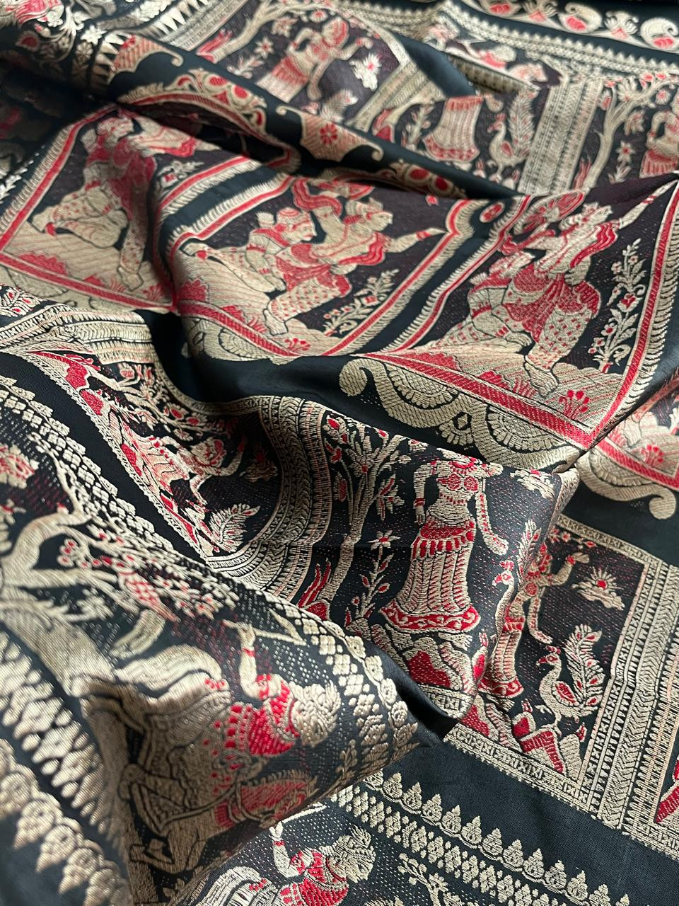 Exquisite Handwoven Pure Silk Baluchari saree - Black