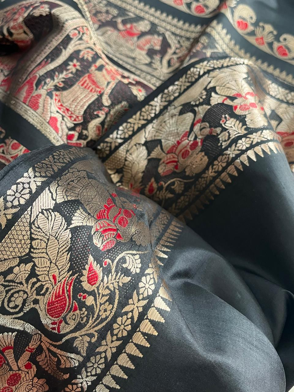 Exquisite Handwoven Pure Silk Baluchari saree - Black