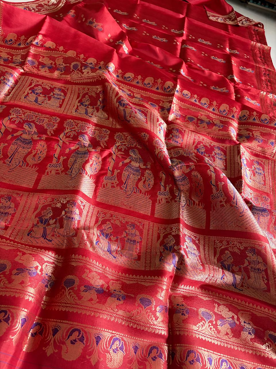 Exquisite Handwoven Pure Silk Baluchari Saree Rust