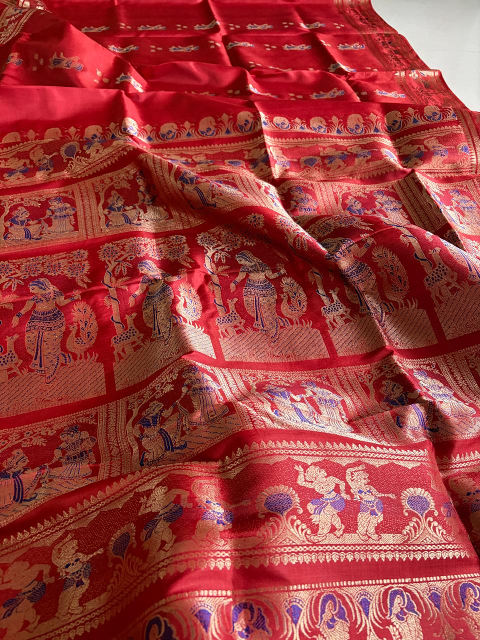 Exquisite Handwoven Pure Silk Baluchari Saree  Rust
