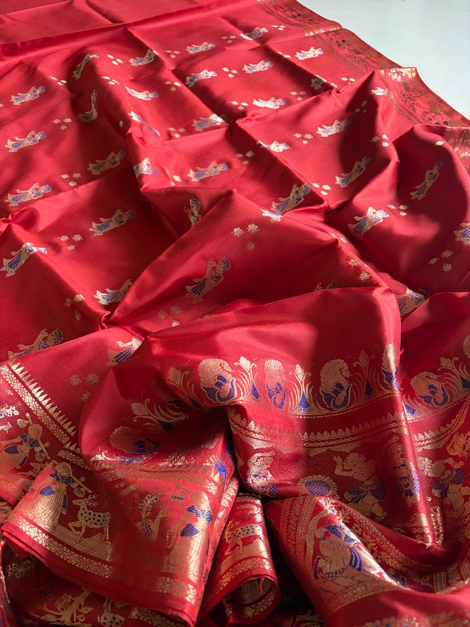 Exquisite Handwoven Pure Silk Baluchari Saree  Rust