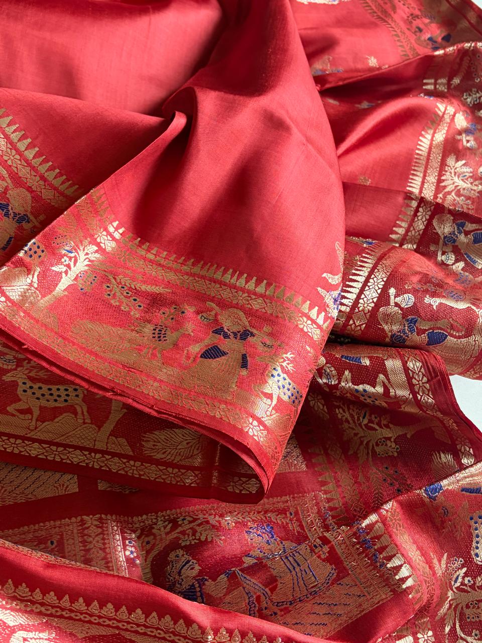 Exquisite Handwoven Pure Silk Baluchari Saree Rust