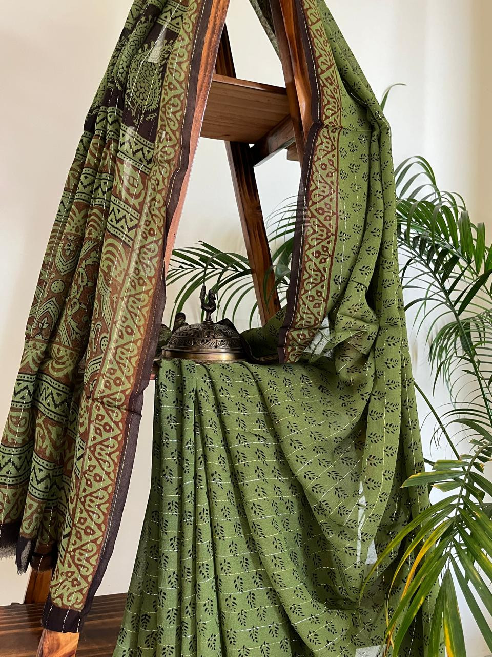 Georgette Bagh Handblock Saree - Green