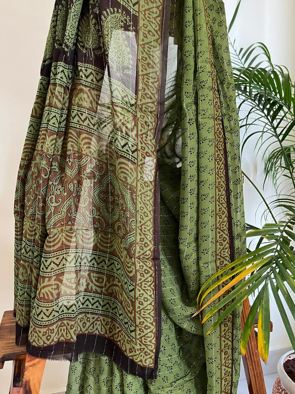 Georgette Bagh Handblock Saree - Green