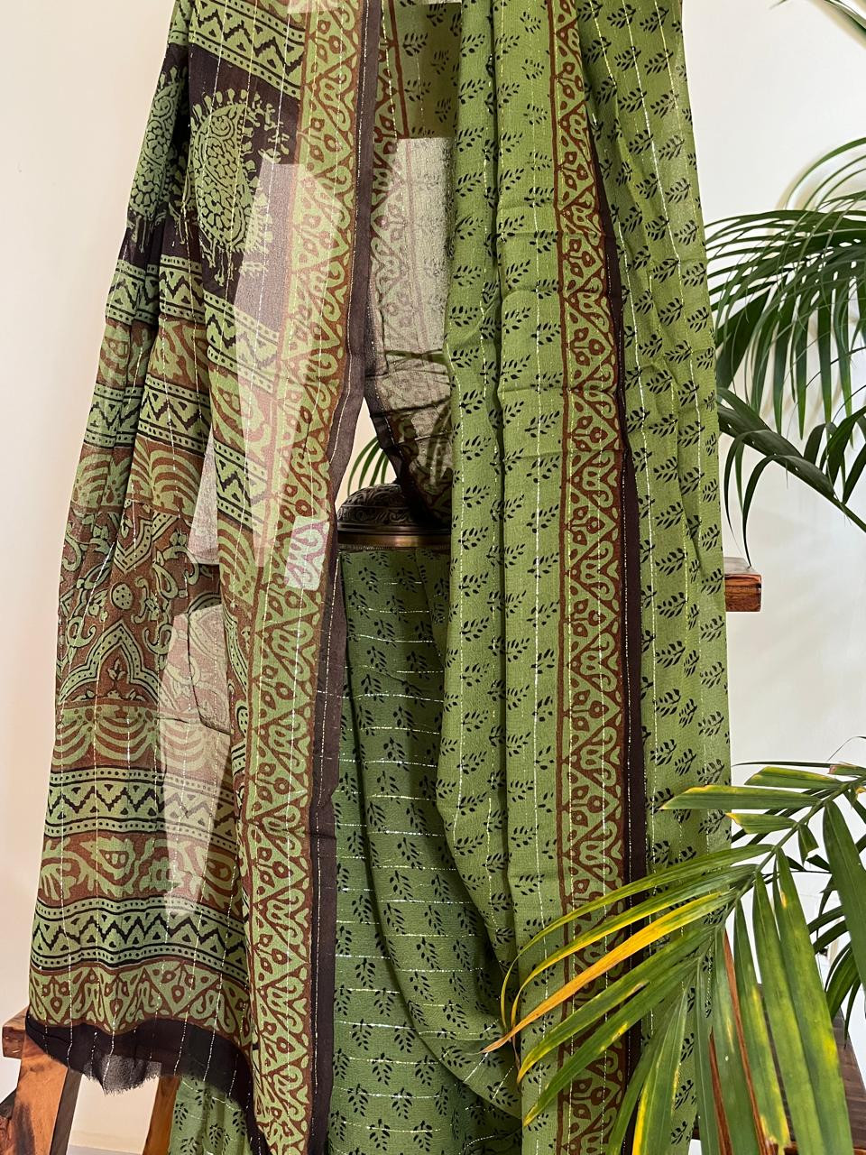 Georgette Bagh Handblock Saree - Green