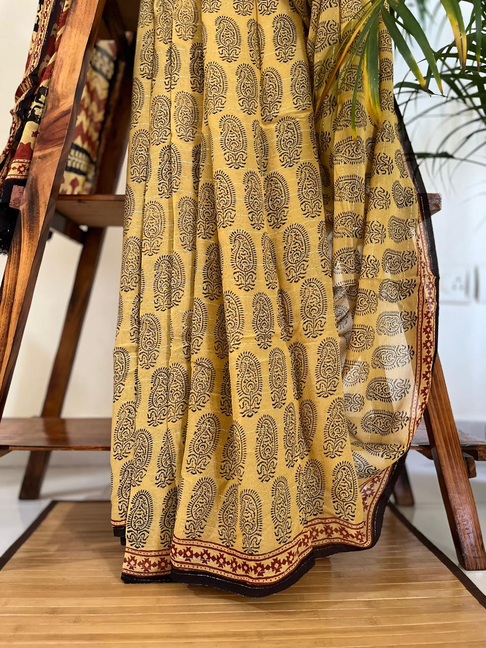 Georgette Bagh Handblock Saree - Yellow