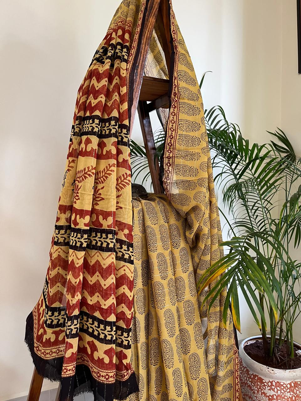 Georgette Bagh Handblock Saree - Yellow