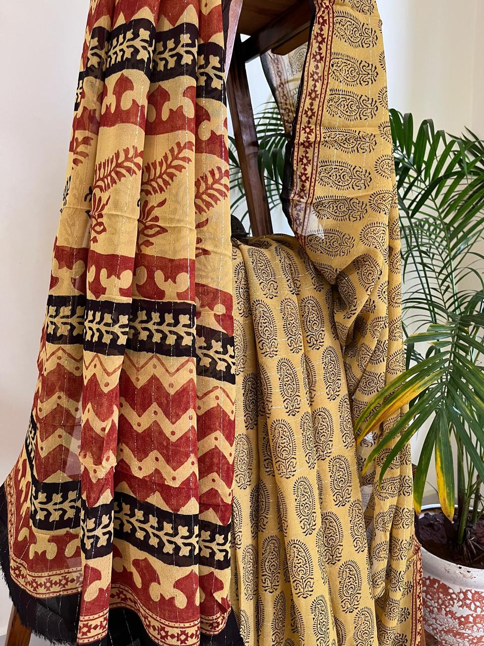 Georgette Bagh Handblock Saree - Yellow