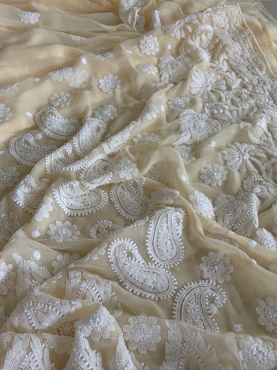 Georgette Chikankari Crochet Lace Border Saree - Beige