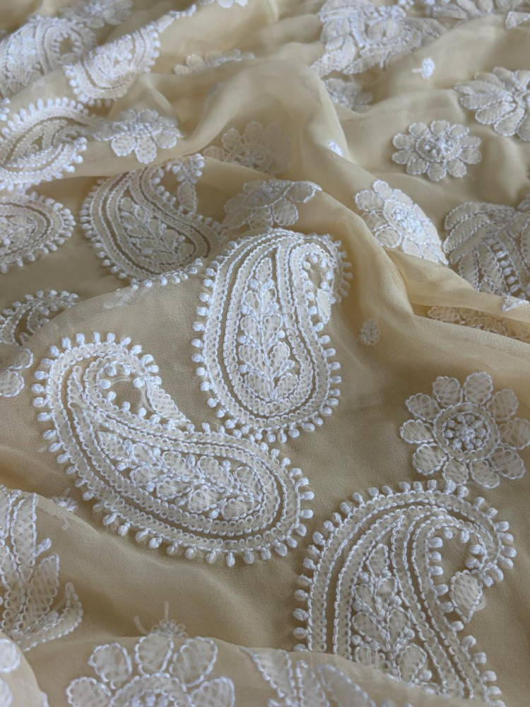 Image of Georgette Chikankari Crochet Lace Border Saree - Beige
