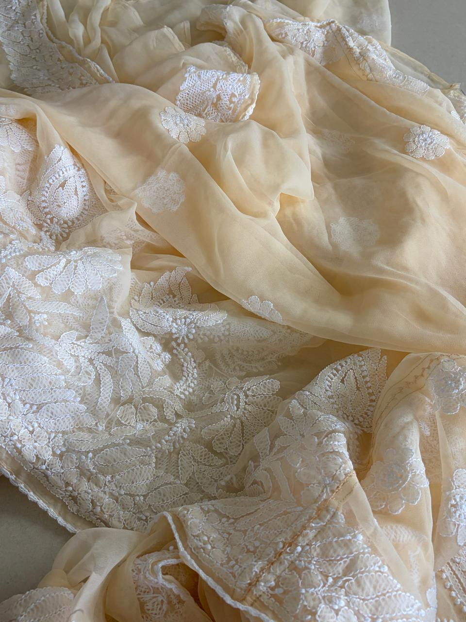 Georgette Chikankari Crochet Lace Border Saree - Beige