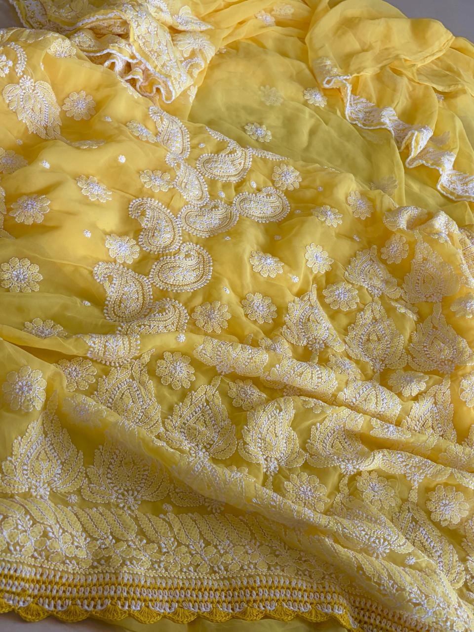 Georgette Chikankari Crochet Lace Border Saree - Yellow