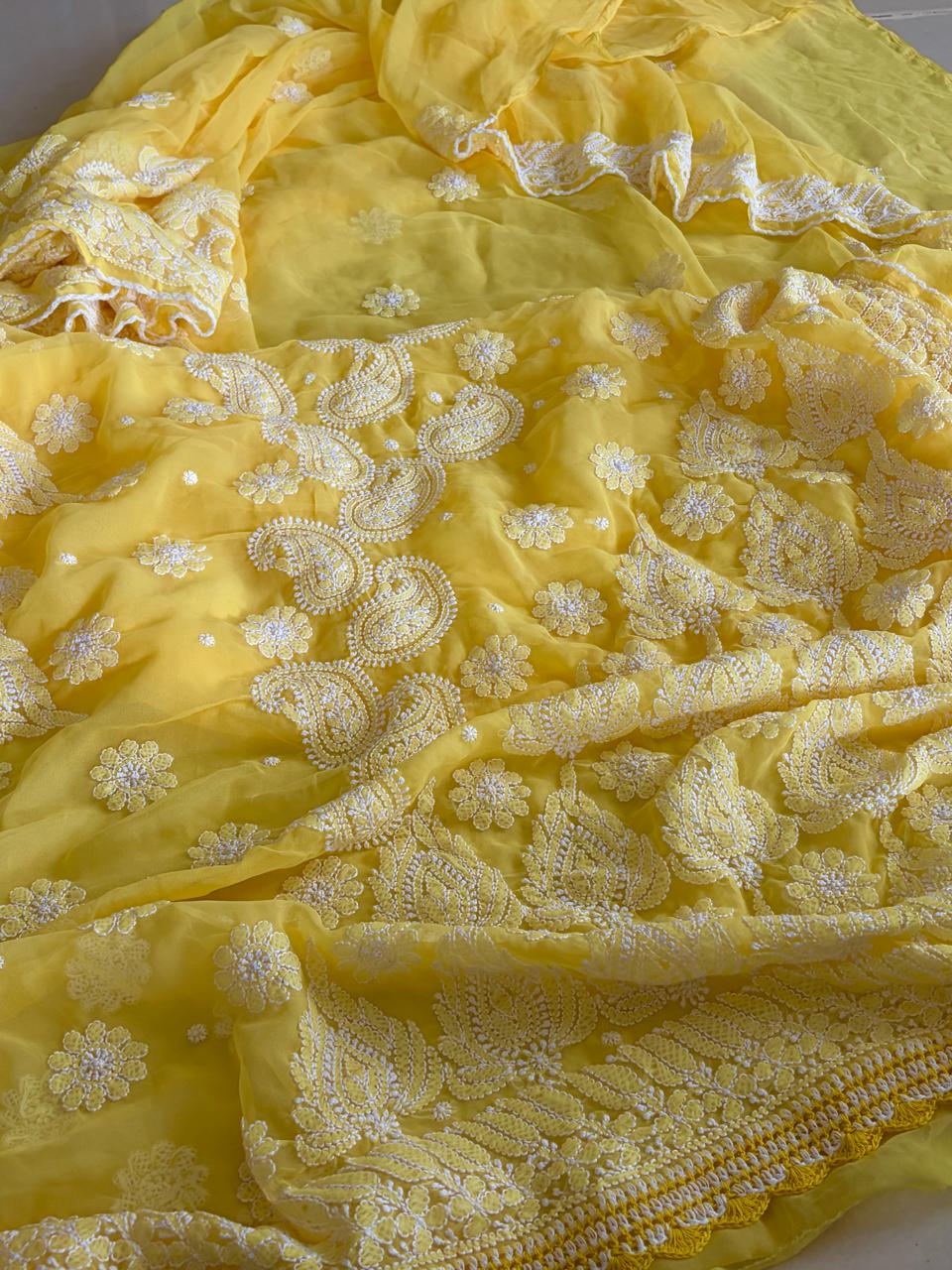 Georgette Chikankari Crochet Lace Border Saree - Yellow