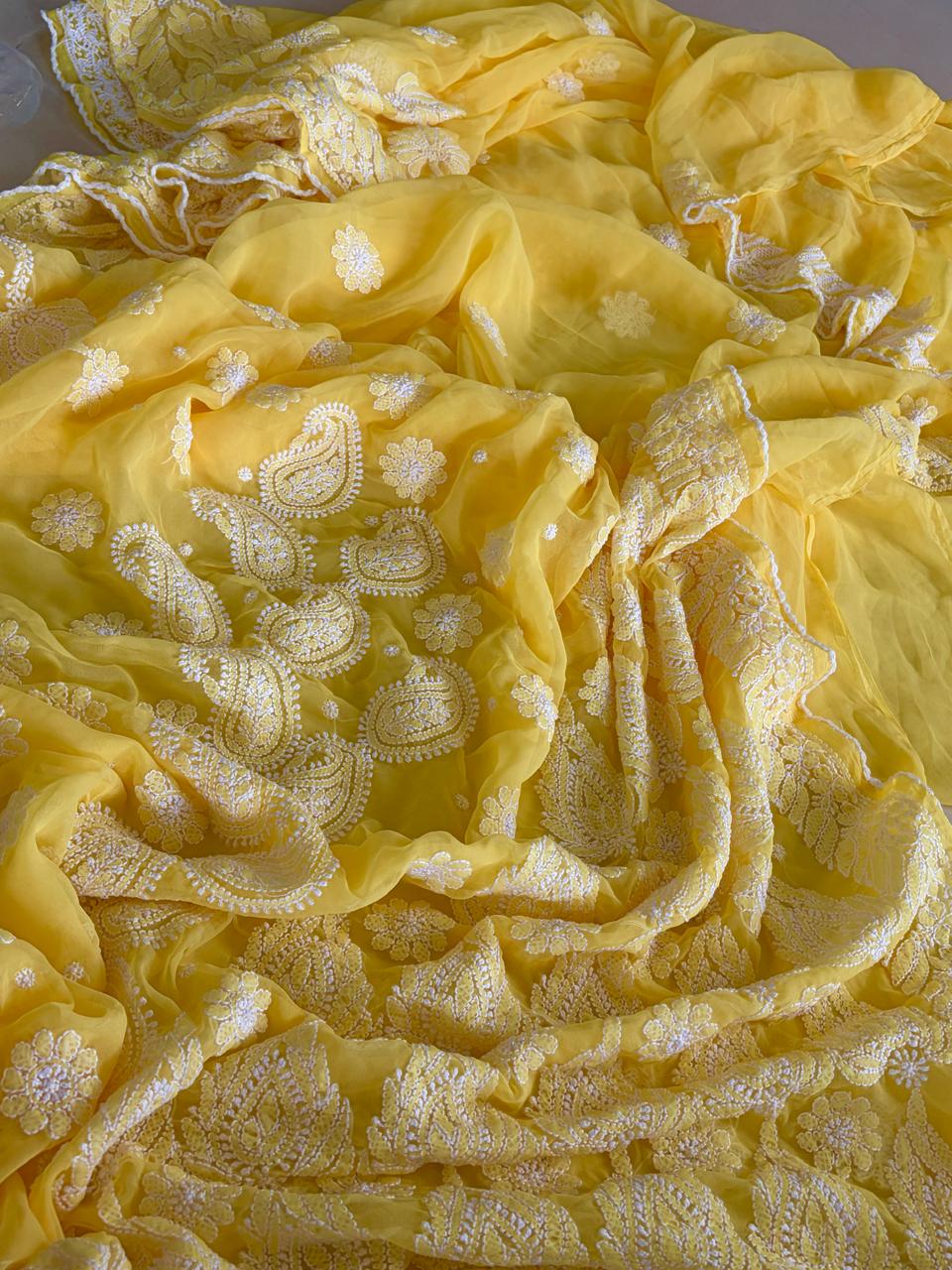 Georgette Chikankari Crochet Lace Border Saree - Yellow