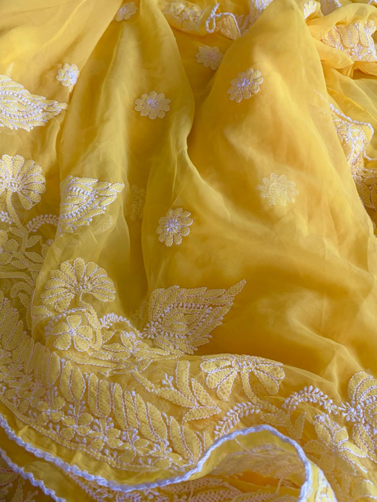Image of Georgette Chikankari Crochet Lace Border Saree - Yellow