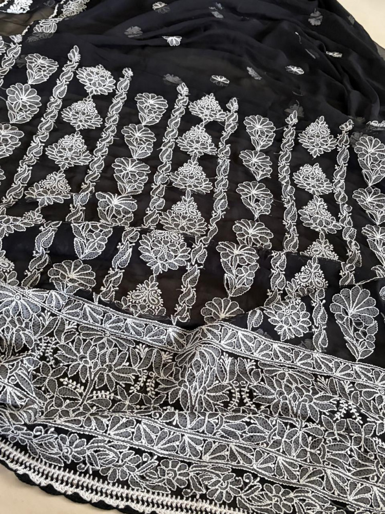 Image of Georgette Chikankari Handwork Saree - Black