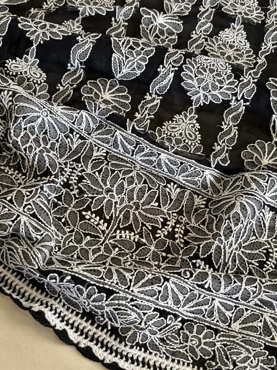 Georgette Chikankari Handwork Saree - Black