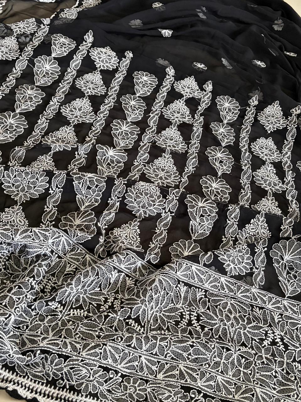 Georgette Chikankari Handwork Saree - Black