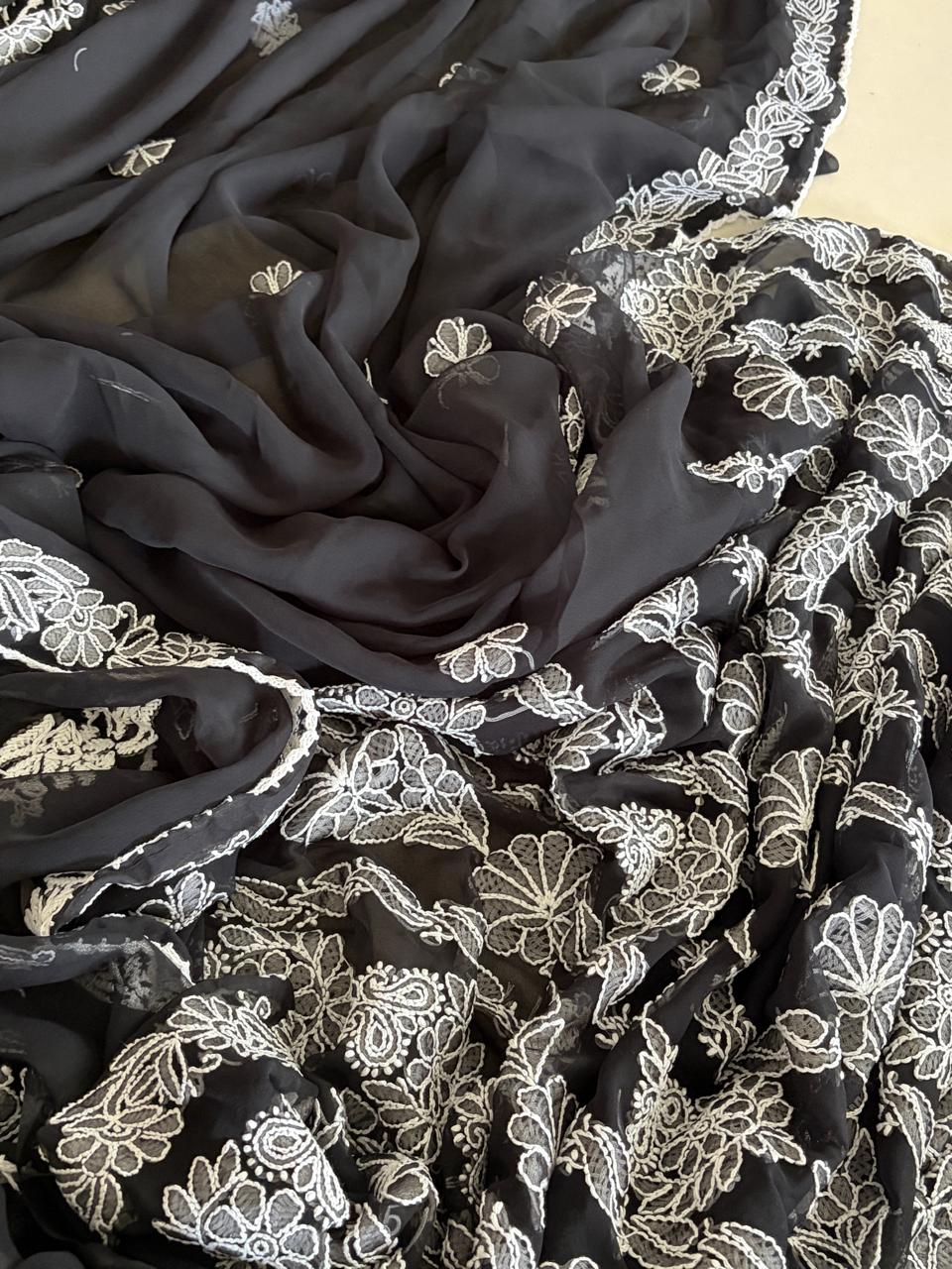 Georgette Chikankari Handwork Saree - Black