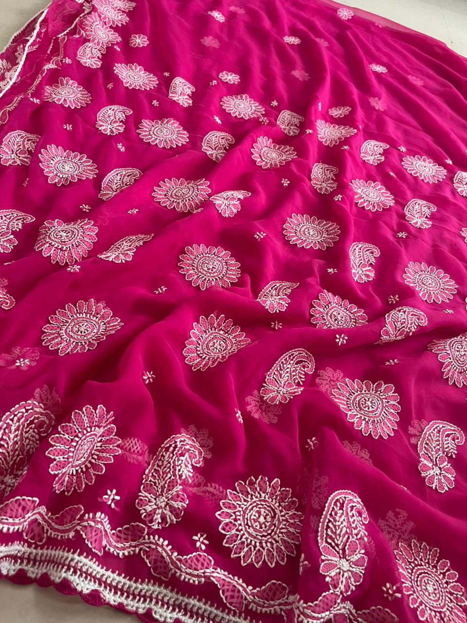 Georgette Chikankari Handwork Saree - Raspberry Pink