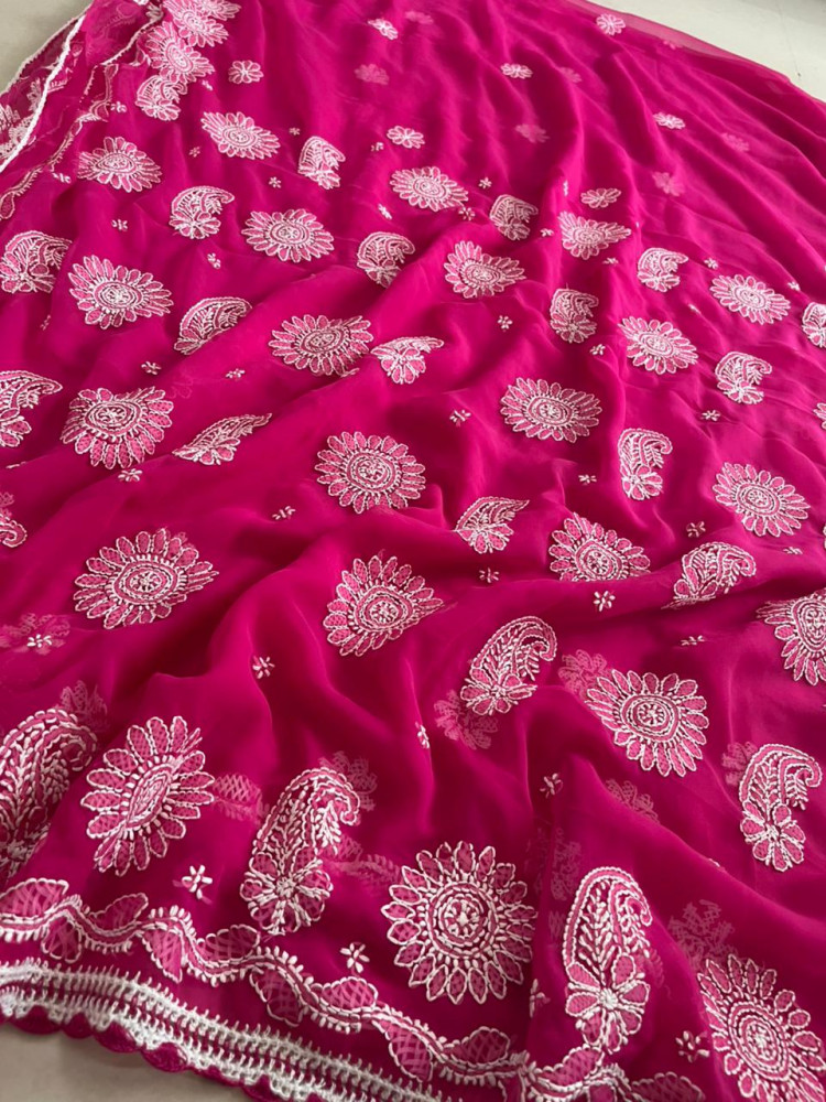 Image of Georgette Chikankari Handwork Saree - Raspberry Pink