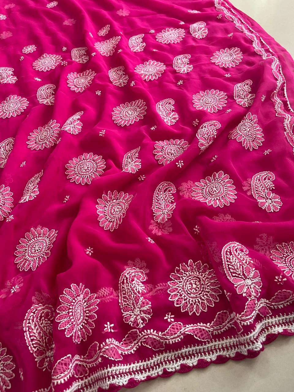 Georgette Chikankari Handwork Saree - Raspberry Pink