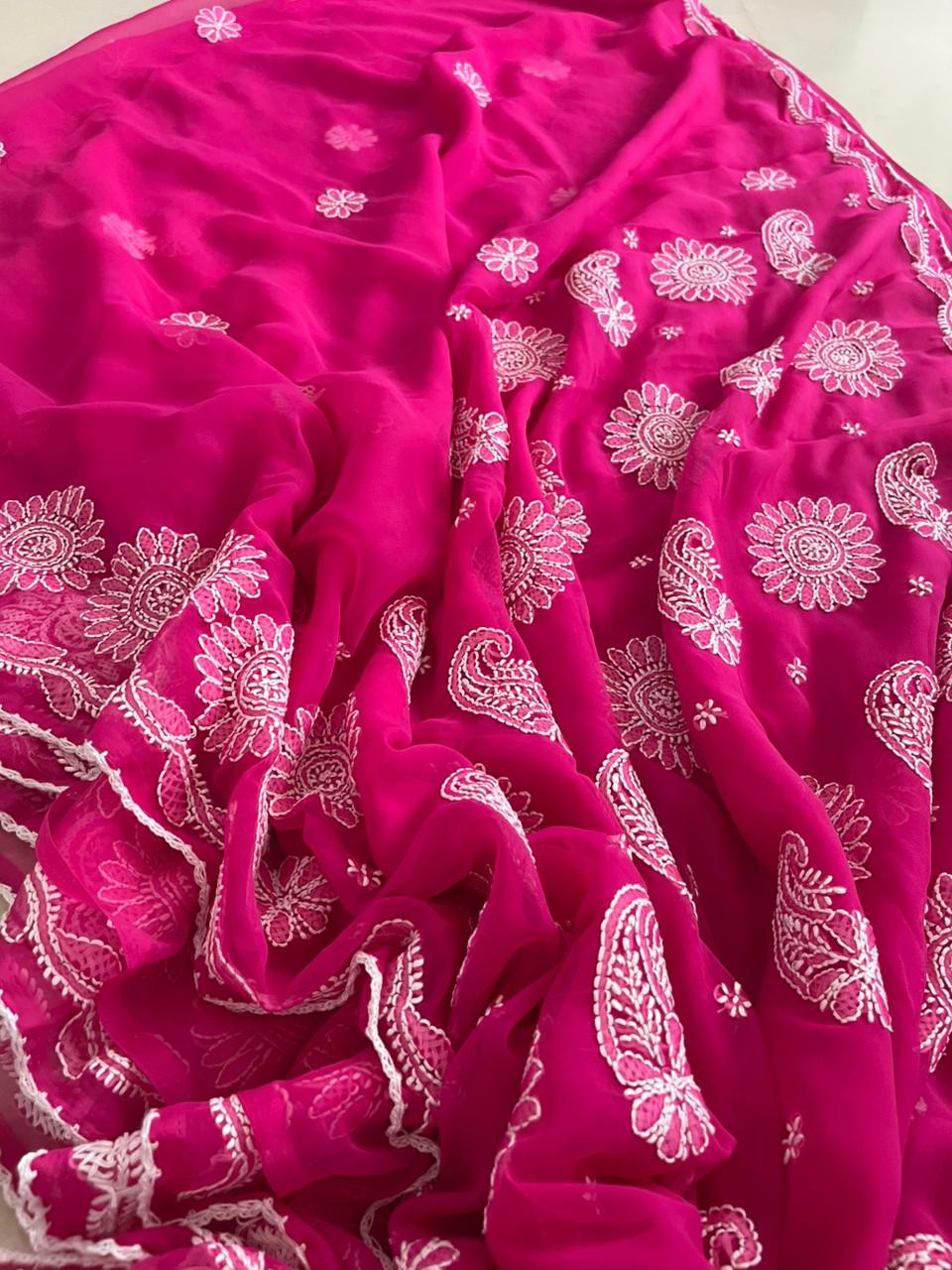Georgette Chikankari Handwork Saree - Raspberry Pink