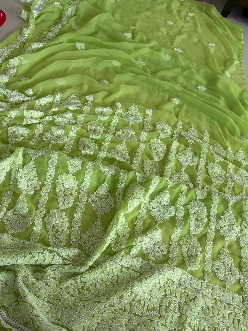 Georgette Chikankari Handwork Saree - Green