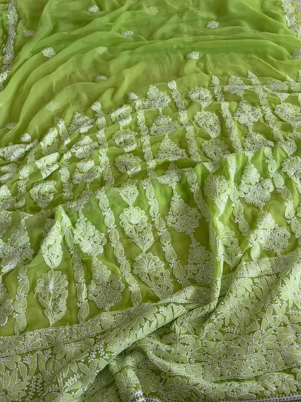 Georgette Chikankari Handwork Saree - Green